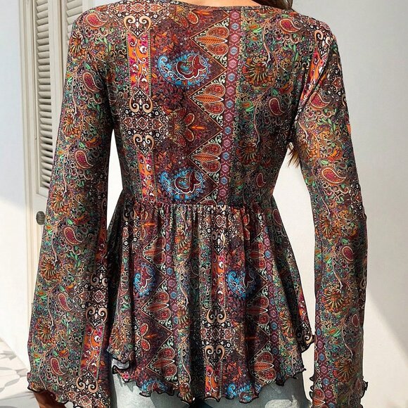 Multicolor Boho Women's V-Neck Fitted Ruffled Hem Printed  Mesh Long Sleeve top - Picture 2 of 8
